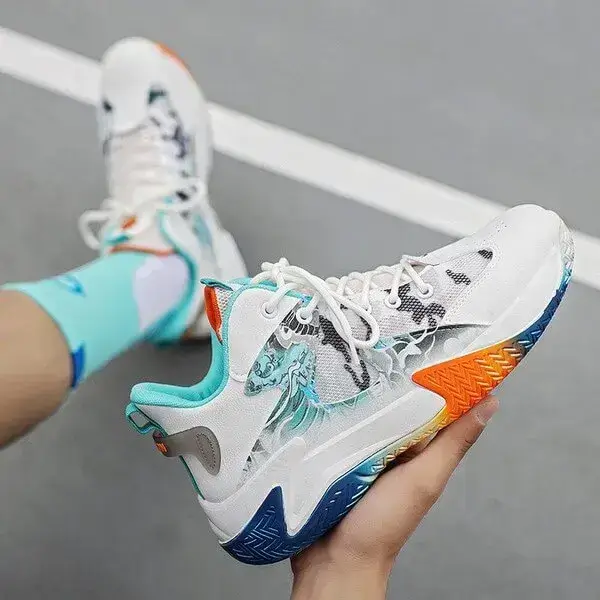 Mens Colorblock Mesh Sneakers | Hand-Painted Breathable Low-Top Shoes in White Red, White Orange