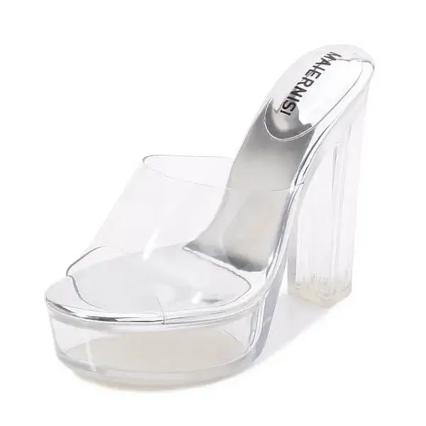 Pogoboots Women Fashion Plus Size Transparent Crystal Chunky Heel Platform High