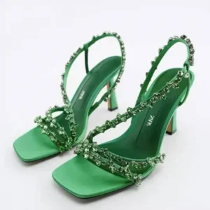 Pogoboots Women Fashion Plus Size Sexy Rhinestone Strap Square Toe Heeled Sandals