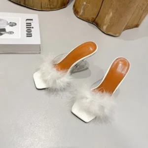 Pogoboots Women Fashion Sexy Feather Decoration Solid Color Chunky High Heel Slippers Shoes