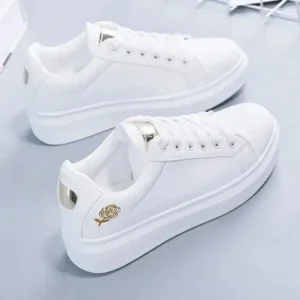 Pogoboots Women Casual Fashion Rose Embroidery Thick-Soled Comfortable PU Leather White Sneakers