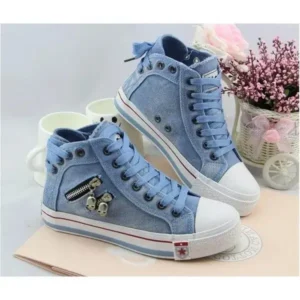 Pogoboots Women Casual Spring Zipper Decor Lace-Up High Top Denim Canvas Sneakers