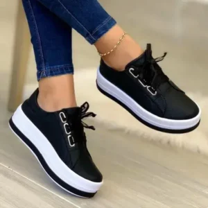 Pogoboots Women Casual Round Toe Lace-Up Block Color Platform Shoes PU Sneakers