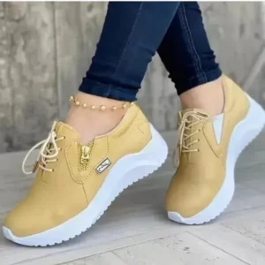 Pogoboots Women Casual Round Toe Low Cut Lace-Up PU Side Zipper Design Solid Color Sneakers