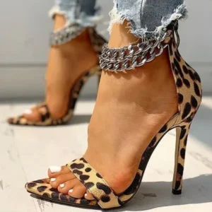 Pogoboots Women Sexy Metal Chain Buckle Ankle Strap Animal Printed High Heels