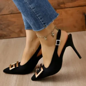 Pogoboots Summer Women Fashion Casual Plus Size Solid Color Pointed Toe Metal Buckle Sling Back High Heel Sandals