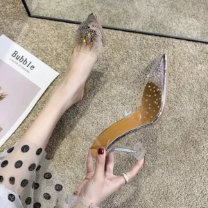 Pogoboots Women Fashion Sexy Rhinestone Decorative Pointed Toe Transparent High Heel Sandals