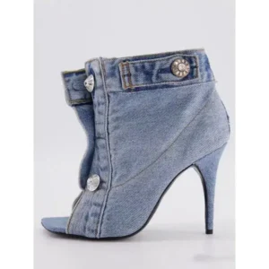 Pogoboots Women Fashion High Heel Denim Button High Top Boots