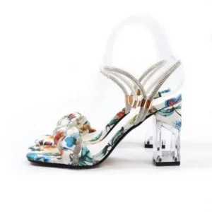 Pogoboots Women Fashion Sexy PU Rhinestone Floral Printed Square Toe Chunky Heel ?Sandals