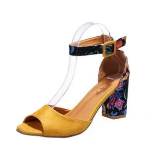 Pogoboots Women Fashion Sexy PU Floral Printed Peep Toe Chunky Heel Ankle Strap Buckle Sandals