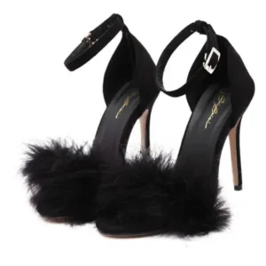 Pogoboots Women Fashion Sexy PU Solid Color Feather Peep Toe Stiletto Heel Ankle Strap Buckle Sandals