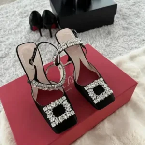 Pogoboots Women Fashion Elegant PU Square Toe Rhinestone Stiletto Heel Ankle Strap Buckle Sandals