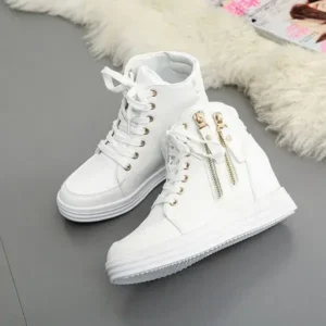 Pogoboots Women Fashion Solid Color Side Zipper Lace-Up Round Head Thick-Soled Sneakers