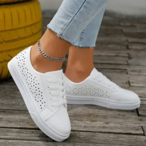 Pogoboots Women Fashion Solid Color Plus Size Hollow Lace-Up Round-Toe Sneakers