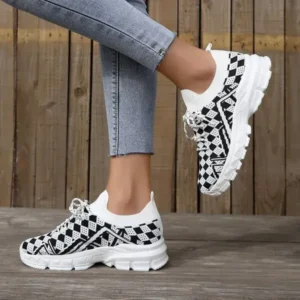 Pogoboots Summer Women Fashion Casual Geometric Print Fly-Woven Lace-Up Sneakers