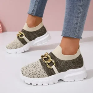 Pogoboots Women Fashion Color Block Metal Chain Thick-Soled Breathable Fly-Woven Sneakers