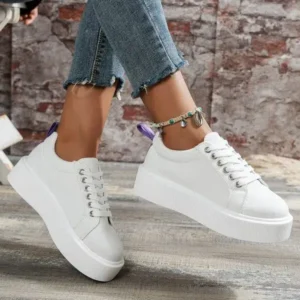 Pogoboots Women Fashion Solid Color Round-Toe Lace-Up Thick-Soled Sneakers