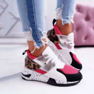 Pogoboots Women Casual Leopard Printed Patchwork Lace Up Sneakers