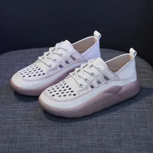 Pogoboots Women Fashion Casual Solid Color PU Lace-Up Hollow Breathable Sneakers