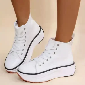 Pogoboots Women Fashion Platform Round Toe Canvas Lace Up Sneakers