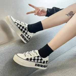 Pogoboots Women Fashion Platform Checkerboard Canvas Sneakers