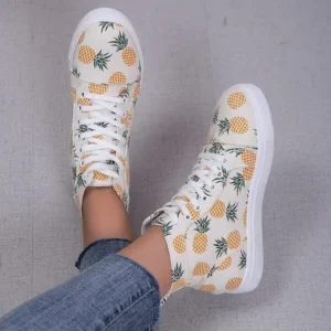 Pogoboots Women Fashion Round Toe Lace-Up Pineapple Strawberry Flat Sneakers