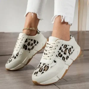 Pogoboots Women Fashion Round Toe Stitching Lace Up Low Top Leopard Sports Sneakers